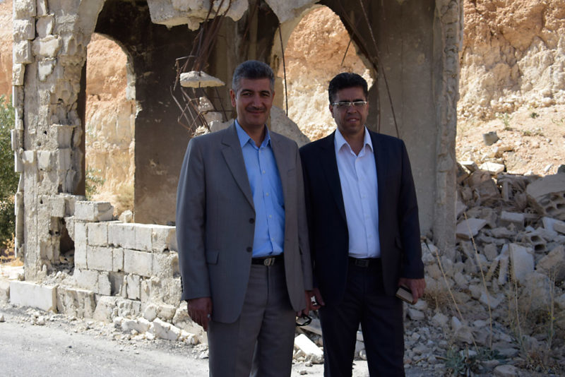 Maaloula's Mayor Naji Wehbi (right) and Member of Council Dr Joseph Saadch standing at the gates to Maaloula that were badly damaged by a suiced bomb truck that killed över 20 soldiers at the checkpoint. Photo: FWM