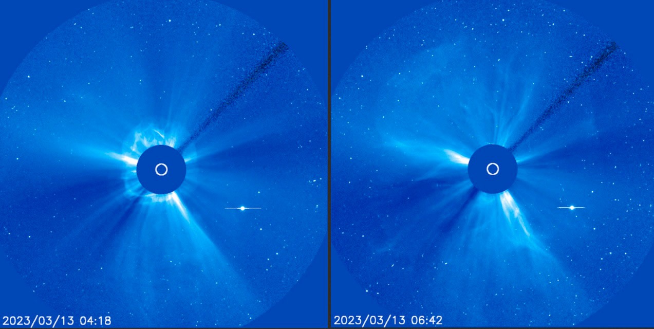 The LASCO CORONAGRAPH is a solar telescope designed to block light coming from the sun to see the, in relation to the sun, extremely weak light emission from the region closest to the sun. It is called the corona and is the sun's outer atmosphere, which extends far beyond the luminous surface. The corona is very sparse and thin but several million degrees hot. LASCO is one of several instruments onboard the Solar and Heliospheric Observatory (SOHO), an international collaboration between ESA and NASA. Here, the CME is visible shortly after the solar eruption (left) and how the solar halo has spread 144 minutes later (right). Still images: Large Angle and Spectrometric Coronagraph, LASCO