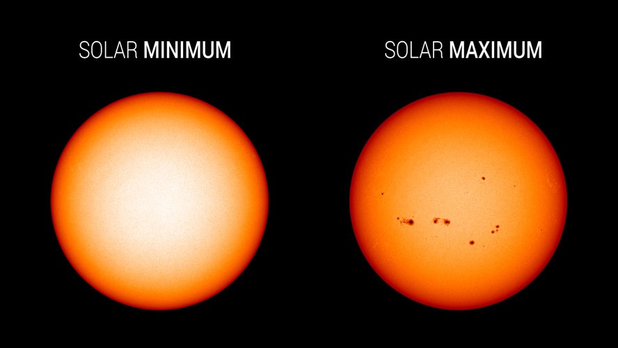 SUNSPOTS are a measure of solar activity. These images from NASA's Solar Dynamics Observatory show the sun at solar minimum in December 2019 (left) and solar maximum in April 2014 (right). Many sunspots indicate an increased risk of coronal mass ejections (CMEs) that can disrupt satellites and electronics on Earth. The risk of this is greater during a weak solar cycle, which is currently ongoing, and the threat is most significant until 2026. After that, extreme weather will further worsen, including deadly thunderstorms and hail, as well as floods and landslides. The threat will also encompass cold weather leading to food shortages, earthquakes, volcanic eruptions, and even a potentially catastrophic pole shift. Photos: NASA's Solar Dynamics Observatory.